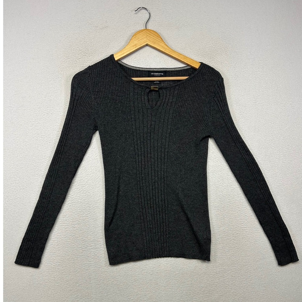 Liz Claiborne Career Ribbed Keyhole Womens Small Gray Long Sleeve Sweater Preppy
